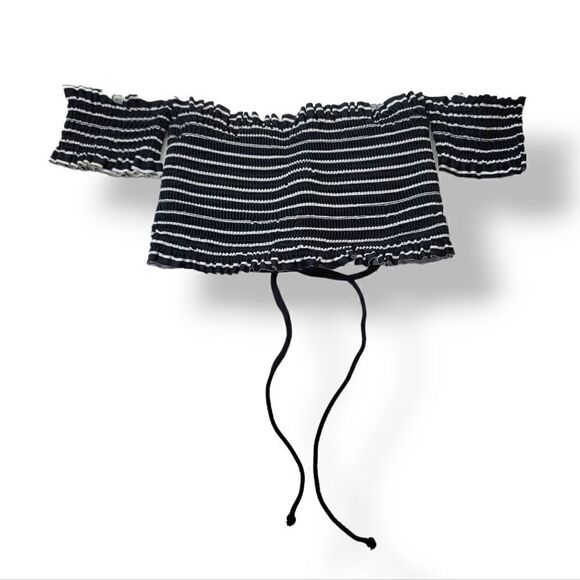 Xhilaration Shirred Stripe Smocked Off-The-Shoulder Lace Up Corset Back Swim Top - Picture 3 of 10